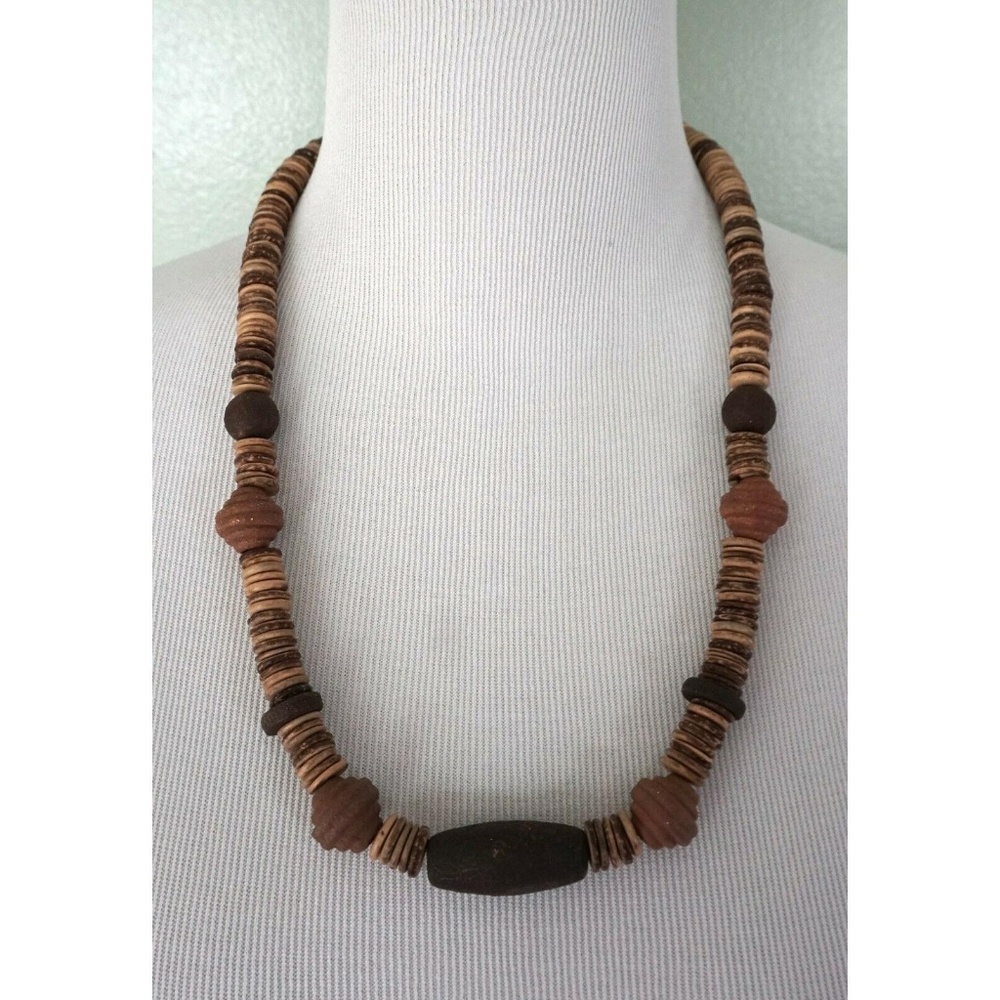 Brown Tan Beaded Ring Wood Tribal Boho Necklace